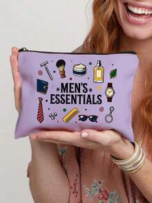 "Men's Essentials" Lined Storage Bag, Vintage Hand-Drawn Men's Items Double-Sided Print Makeup Bag, Travel Toiletry Bag With Lining, Multi-Functional Organizer, Diy Categorized Storage, Business Gift, Ideal For Toiletries, Cosmetics, Razors,Suitable For Everyday Use, A Vacation Essential, And A Birthday Gift For Dad, Grandpa, Or Any Man. A Casual Makeup Bag With A Playful Design And Durable Zip Closure - View 3