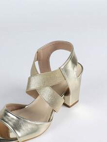Women's Fashion Versatile Open Toe Chunky Heel Sandals - Gold - View 9