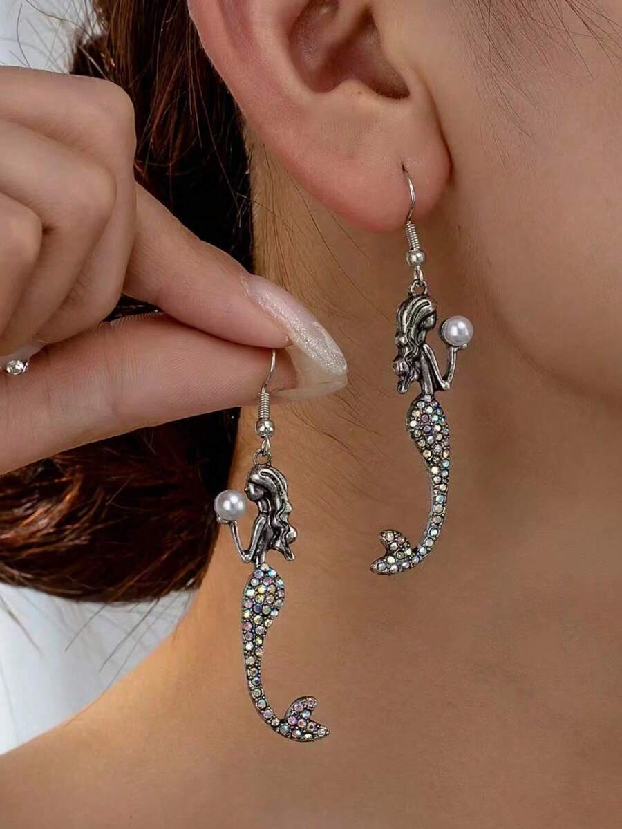 1对美人鱼闪亮吊坠耳环 - 水钻和仿珍珠水滴形首饰，女士款 - 銀色 - 查看 1