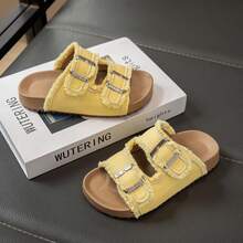 1双男女童（3-12岁）黄色流苏魔术贴凉鞋，亮面PU皮革，防滑透气，露趾平底拖鞋，复古时尚休闲风，适合日常、上学、海滩、派对等场合，畅销款 - 薑色 - 查看 6