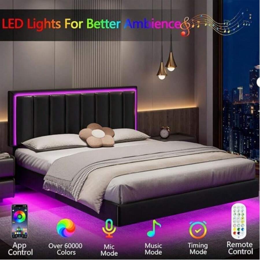 Floating Bed Frame With LED Light, Upholstered Platform Bed With PU Leather, Noise-Free, Easy Assembly, Full/ Queen/ King, Black/ White ( USB LED Strip) - 黑色 - 查看 1