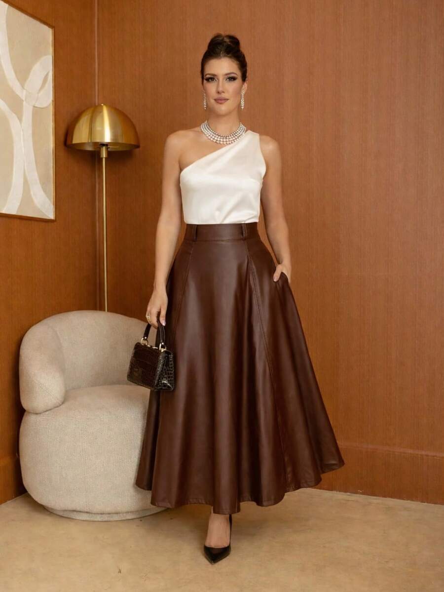 Long Skirt In Synthetic Leather Fabric. - 鏽棕色 - 查看 1
