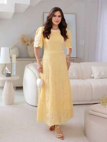 Josiane Modesto Maxi Midi Dress In Cotton Embroidered With Guipure Lace And Back Zipper – Elegant And Delicate - Yellow - View 2