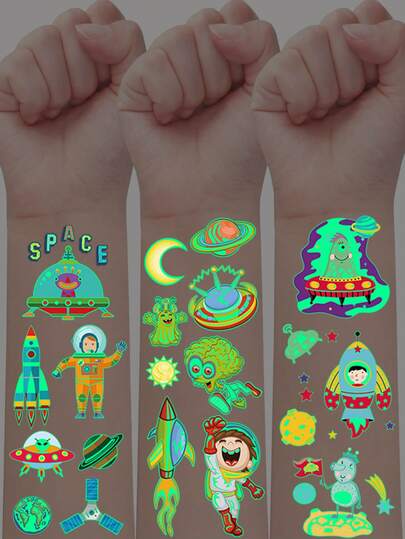 5pcs Glow-In-The-Dark Space Temporary Tattoos - 56 Cute Astronaut, Alien, Planet & Rocket Designs, Waterproof Luminous Stickers As Gifts For Parties, Birthdays & Events, Lasts 2-5 Days