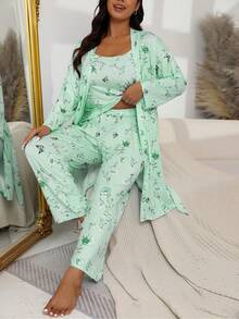 Plus Size Casual Pajama Set, Women's Floral & Butterfly Print Long Sleeve Belted Robe & Cami Top & Pants Lounge 3pcs Set For Fall & Winter - Light Green - View 1