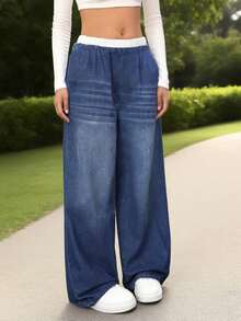 少女休闲阔腿裤，蓝白条纹宽松版型，现代风格，时尚长裤，轻便透气 - 深色水洗藍 - 查看 8