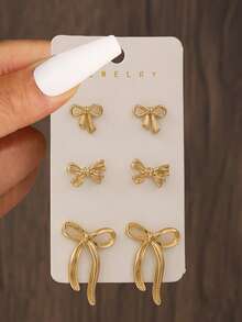 6pcs/Set Cute Bow Earrings Set For Women, Elegant And Refined, Suitable For Daily Work, Romantic Dates, Memorable Occasions, And Glamorous Weddings/Parties - Gold - View 9