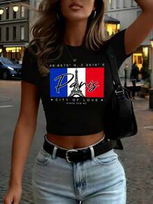 Paris City Of Love Since 259 Art Letter Print Women T Shirt Summer Short Sleeve Hip Hop Crewneck Clothes Slim Yoga Crop T-Shirts - 白色 - 查看 2