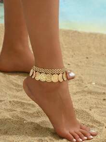 2pcs/Set Summer Beach Coin Pendant Anklet, Elegant Multi-Layer Anklet Set, Suitable For Vacation And Pool Party, Bohemian Style Foot Jewelry - Gold - View 5