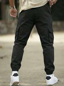 Boys' Fall Winter Streetwear Cargo Pants, Simple Straight Cuffed Trousers With Multi Pockets For Daily Use - Black - View 9