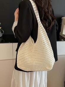 Yogodlns Women's Aesthetic Crochet Beach Shopper Tote Knitted Net Underarm Bag For Summer Versatile Shoulder Bag Women's Shoulder Bags Casual Woven Ladies Handmade Totes Large Capacity Summer Beach Female's Messenger Bag , Beach Bag , Crochet, Woven Bag - 米色 - 查看 3