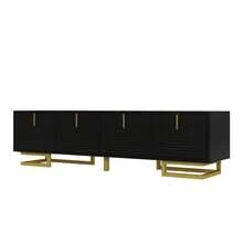 TV Stand With Textured Doors, TV Furniture, Gold Handles And Gold Legs - 黑色+刨花板 - 查看 7