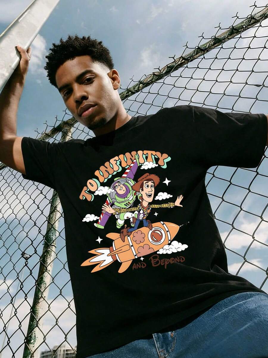 Disney-American Retro Toy Story Woody Buzz Lightyear Rocket Printed Short Sleeve T-Shirt Loose Heavy Cotton Round Neck Top - 黑色 - 查看 1