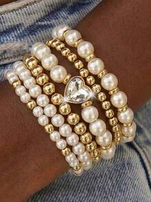 6pcs/Set Beaded Faux Pearl Heart Pendant Bracelet Set For Women, Suitable For Parties And Birthday Gifts - Multicolor - View 1