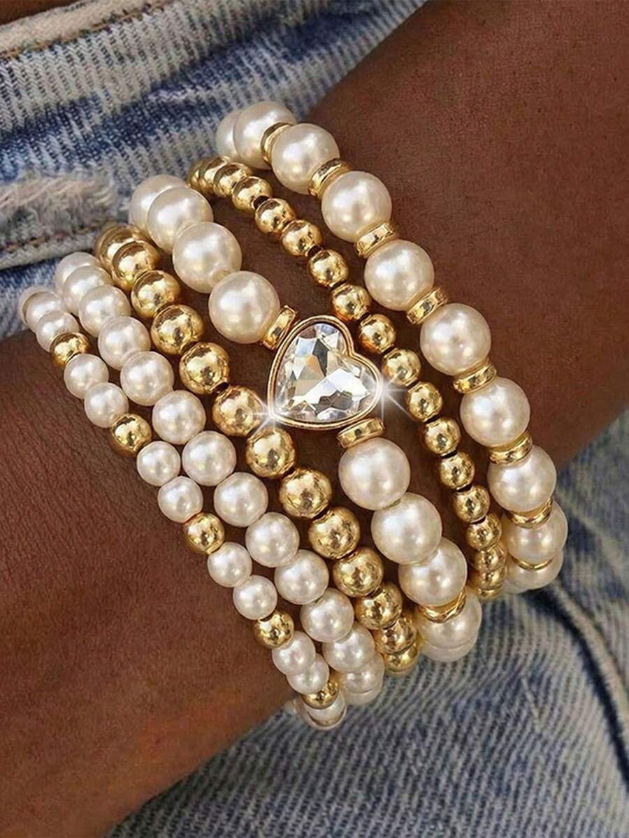 6pcs/Set Beaded Faux Pearl Heart Pendant Bracelet Set For Women, Suitable For Parties And Birthday Gifts - Multicolor - View 1