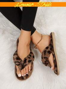 Leopard Print Fluffy Flip Flops, Women Flat Thong Sandals - Brown - View 4