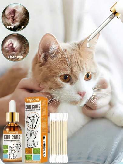 50ml Pet Ear Cleaner With Cotton Swabs - Cat And Dog Ear Wax Removal Cleaning Ear Drops For Clearing Ear Canals And Eliminating Odor