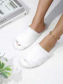 女士时尚毛绒家居拖鞋，室内静音拖鞋，保暖女士拖鞋，轻便卧室拖鞋 - 白色 - 查看 3