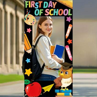 1pc, First Day Of School Banner Colorful Classroom Decor With School Supplies Design, Back To School Event Accessory And Banner For Teacher Appreciation, Playful Educational Theme, Vibrant Print Quality