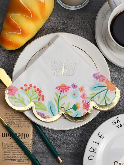 20PCS Elegant Floral & Butterfly Golden-Embossed Lace Napkins Reusable Square Table Mates With Ruffled Edges For Birthday Parties, Thanksgiving, Easter/Party Decorations