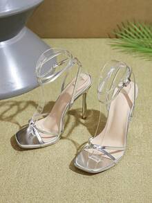 金色花朵交叉绑带超高跟女凉鞋 - 銀色 - 查看 5