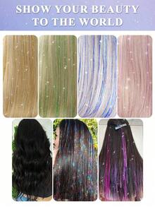 Hair Tinsel Kit Glitter Hair Tinsel Clip In Sparkling Shiny Fairy Hair Tinsel Hair Extensions For Halloween Christmas Party 22 Inch Pink 6PCS/PACK - 粉色 - 查看 8