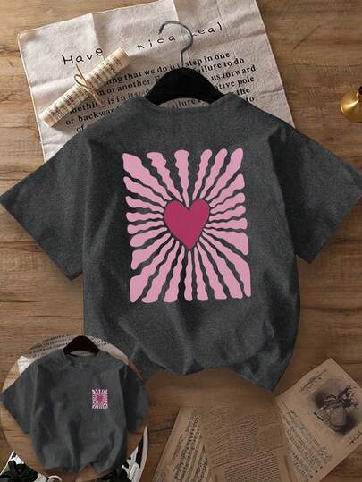 女士休闲心形波浪图案圆领短袖T恤，浪漫设计，适合春季、夏季、秋季、情人节/返校季穿着