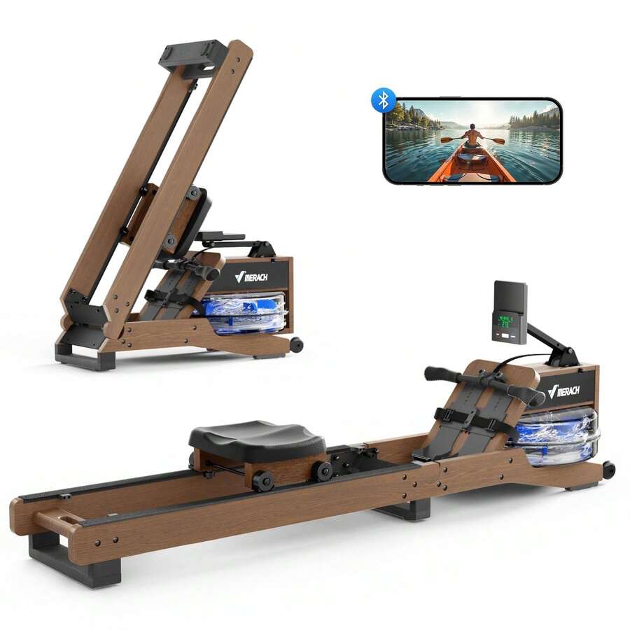MERACH Water Rowing Machines For Home, Wood Rower Machine With 12 Enhanced Resistance Blades, Upgraded Handle, Adjustable Footpad, Dedicated Monitor & Bluetooth App - Water Resistance - View 1
