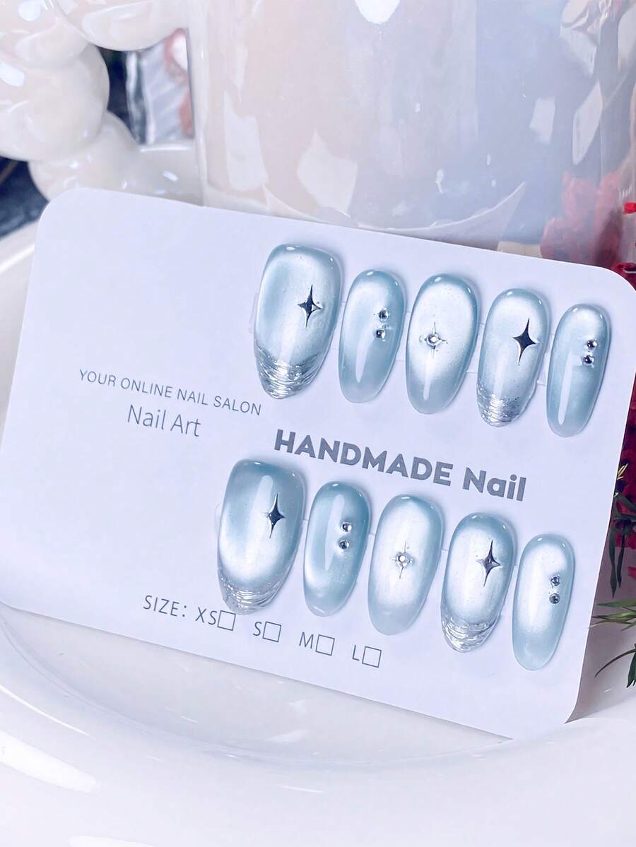 10颗手工制作杏仁形冰蓝色猫眼水钻美甲装饰品 - 彩色 - 查看 1