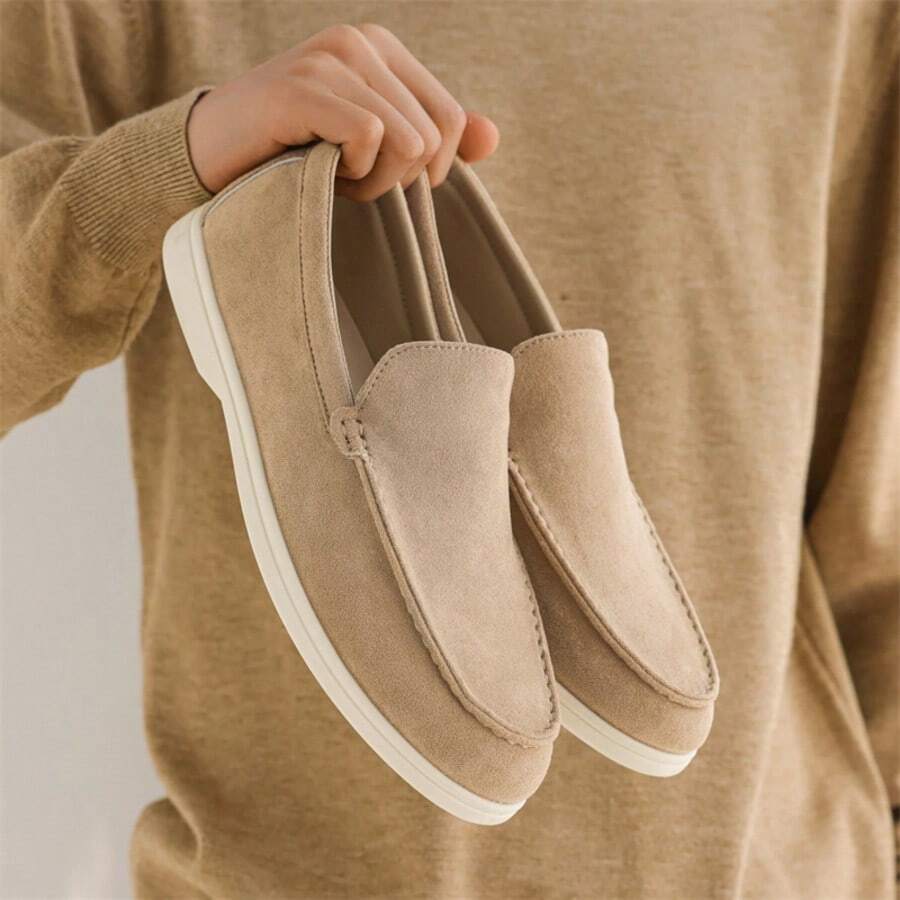 Men's Light Khaki Suede Penny Loafers (Slim Silhouette, Consider Half Size Up For A Relaxed Fit.), Hand-Stitched Soft Sole Non-Slip Casual Driving Shoes