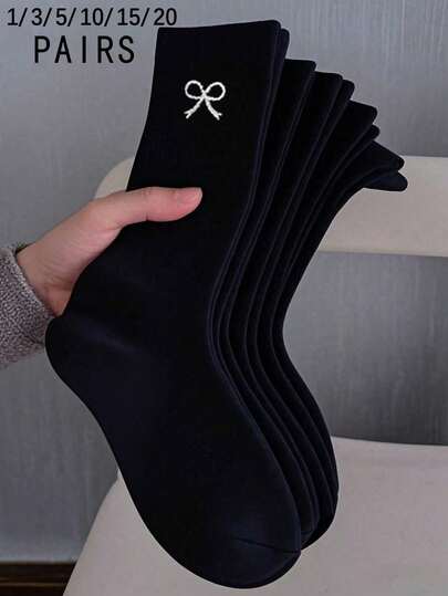 1/3/5/10/15 Pairs Women's Solid Color Sweet Bow Comfortable Minimalist Maternity Socks, Moisture-Wicking Mid-Calf Socks