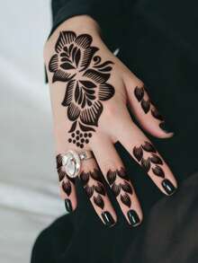 Hana Hand-Drawn Hollow Floral Tattoo Stencil - Sexy Floral Pattern, Suitable For Hands, DIY Painting, Ink, Reusable Mandala Design Template Sticker, Suitable For Women Body Party Makeup - Black - View 2