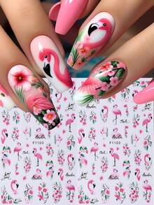 Set de 2 pegatinas de arte de uñas 3D con flamencos rosas tropicales e hibiscos, decoración de uñas de verano para mujeres - Multicolor - Ver 1
