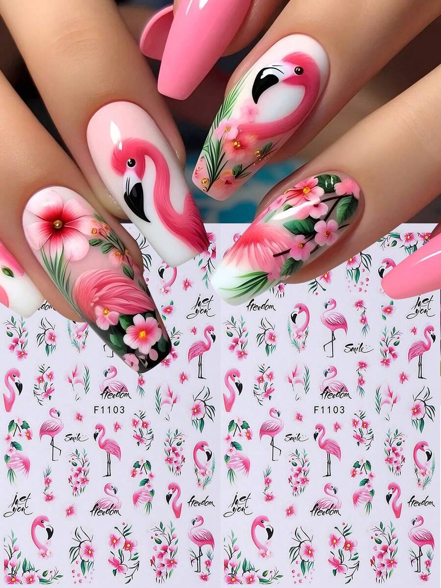 Set de 2 pegatinas de arte de uñas 3D con flamencos rosas tropicales e hibiscos, decoración de uñas de verano para mujeres - Multicolor - Ver 1