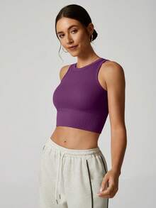 NcmRyu 一件装女士多功能罗纹跑步、健身、瑜伽、普拉提训练、舞蹈运动背心 - 紫色 - 查看 8