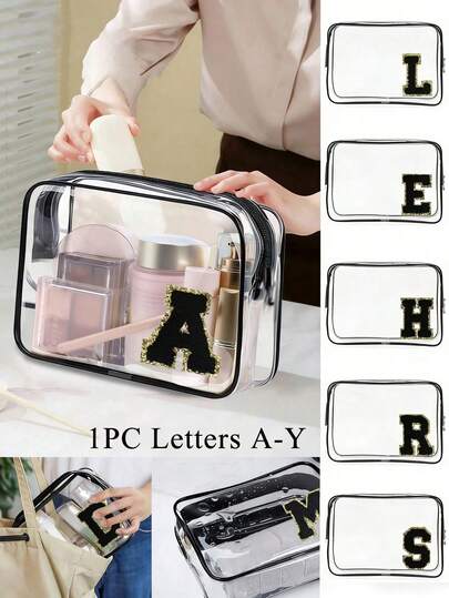 1pc A-Z Letter Print PVC Makeup Bag, Zippered Sealed PVC Travel Organizer Pouch, Lightweight Fade-Resistant Ladies Cosmetic & Toiletry Bag, TSA-Approved Portable Makeup Case, Easy-Wipe Design, Multi-Color Makeup Bag Suitable For Mothers, Teachers, Friends, Nurses, Makeup Bag, Gift Bag, Essential Toiletry Bag For School, Vacation, Travel, Waterproof Cosmetic Bag
