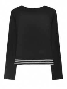 Striped Contrast Button 2 In 1/Deconstructed Office Casual Long Sleeve T-Shirt For Women, Spring & Autumn Black - Black - View 10