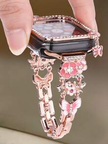 1/Set Watch Band+Watch Case, Participants In Pink Flowers Fringe Set Auger Butterfly Chain Metal Strap + Pink Flowers Fringe Butterfly Set Auger Hollow Out Pc Protection Case, Compatible With Apple Watch40/41/44/45mm, Compatible With Apple Watch Series Ultra3/2/1/ Se/11/10/9/8/7/6/5, Lovely Watch Band, Adjustable Smart Watches Accessories, Birthday Gifts, Anniversary Gifts, Weddings, Everyday Decorations Are Available - Pink - View 8