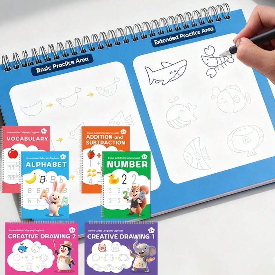 6本儿童控笔及智力训练练习册，蒙特梭利教育工具，儿童英语练习本，带凹槽魔法练习本，可重复使用的控笔训练练习册，学前儿童书写练习册 - 彩色 - 查看 1
