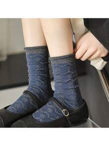 5双装女士藏蓝色复古中筒袜，经典休闲款式，适合秋冬季日常穿着 - 彩色 - 查看 9