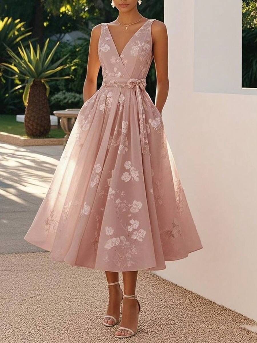 Vestido sin mangas de colores de moda, con cuello en V bordado, cintura ceñida, cordones, vestido de fiesta de longitud media para mujeres - Rosa intenso - Ver 1