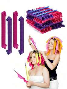 无需加热的螺旋卷发器套装，带造型钩，不伤发，隔夜即可轻松打造无热卷发，女士DIY长发和中长发卷发套装 - 彩色 - 查看 1