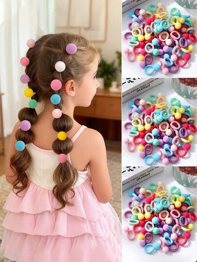 100pcs Random Colorful Pom Pom Hair Ties For Girls, Cute Fluffy Ball Hair Elastics, Toddler Hair Accessories