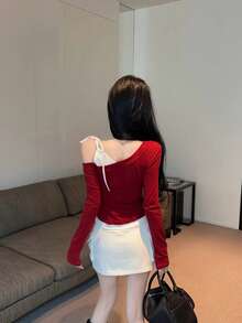 Asymmetric Collar Color Block Long Sleeve T-Shirt, Sweet & Sexy Girl Print Fitted Top For Women, Spring/Summer Red - Red - View 9