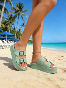 FZY Summer New Matte EVA High-Heeled Women's Slippers With Metal Square Buckles, Double-Layer Adjustable Strap Design. Wide Toe And Arch Support For Comfortable And Non-Fatiguing Wear. Waterproof, Anti-Slip, Wear-Resistant, Lightweight. 4cm. Fashionable And Versatile, Available In Multiple Colors. Women's Sandals. Lightweight, Waterproof, Easy To Clean. Long Wear Does Not Tire The Feet. Suitable For Indoor And Outdoor Use. Daily Commuting, Beach Vacation Casual Loungewear. Simple Style, Suitable For Casual Dresses And Pants. Everyday Slip-On Casual Shoes. Elegant Women's Shoes For Easter. - màu xanh lá - Xem 6