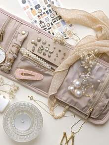 1个女士旅行首饰收纳盒，可折叠小巧首饰卷，适用于旅行收纳戒指、项链、耳环、手镯，迷你款，柔粉色（不含首饰） - 粉色 - 查看 8