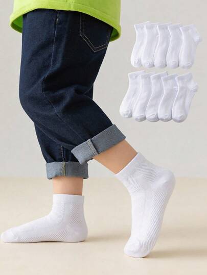 10 Pairs Kids & Youth Solid Color Casual Socks, Breathable Sports Crew Socks For School