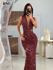 RNU Women's Sexy Glossy Burgundy Party/Date/Halloween/Christmas Dress, Nightclub Holiday Valentine's Day New Year Concert Outfit, Banquet Birthday Club Dress, Women's V-Neck Sleeveless Elegant Cute High Stretch Soft Comfortable Fitted Slit Dress - Burgundy - View 2