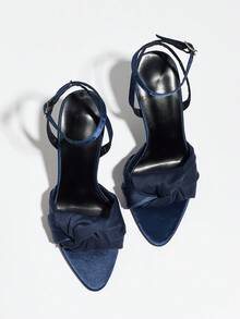 Women's Pointed Toe Stiletto Heel Solid Color Twist Knot Elegant Versatile Outdoor Commute Party Formal Dress Sandals - Navy Blue - View 4