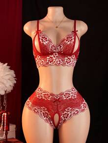Lace Crotch Less Seductive Lingerie, Semi Transparent Deep V Slim Fit Backless Design For Women's Sexy Lingerie, Blue Contrasting Lace Sexy Lingerie, Semi Transparent Open Chest Bra And Crotch Less Triangle Pants Set, Perfect For Romantic Scenes - Burgundy - View 2
